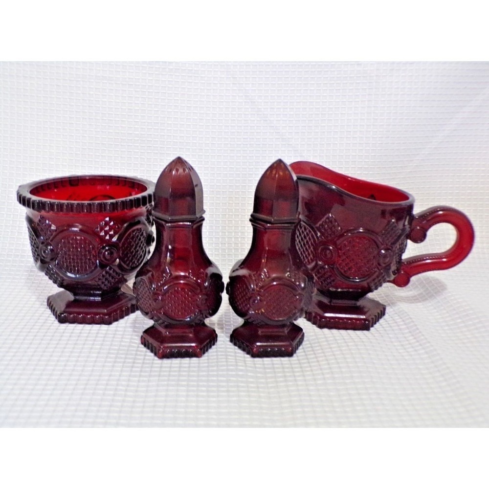 Vintsge Ruby Red Avon Cape Cod Collection 1876 Creamer, Sugar, Salt & Pepper Set
